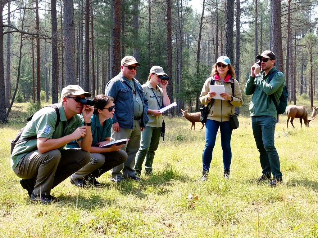 A photo of volunteers working together on a wildlife monitoring project, showcasing the community engagement aspect of ASSOCIATION COMMUNALE DE CHASSE AGREEE DE FRIDEFONT.