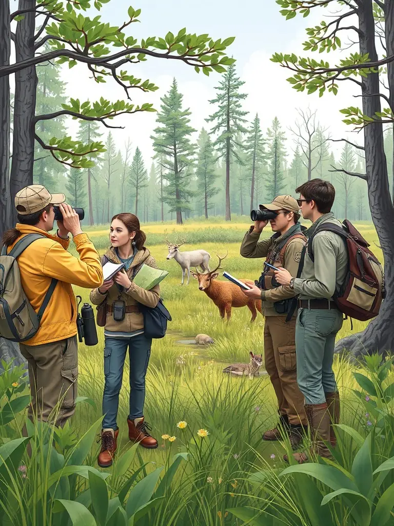 A photograph depicting members of ASSOCIATION COMMUNALE DE CHASSE AGREEE DE FRIDEFONT participating in a wildlife census, using binoculars and notebooks in a natural setting. The image should convey a sense of scientific observation and dedication to wildlife monitoring.