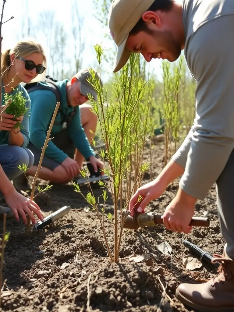 An image showing volunteers planting native trees and shrubs to restore a degraded habitat, with a focus on community involvement and environmental stewardship.