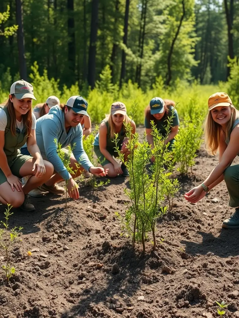 A photograph showing volunteers from ASSOCIATION COMMUNALE DE CHASSE AGREEE DE FRIDEFONT planting native trees and shrubs in a deforested area. The image should emphasize the act of restoration and the commitment to habitat preservation.