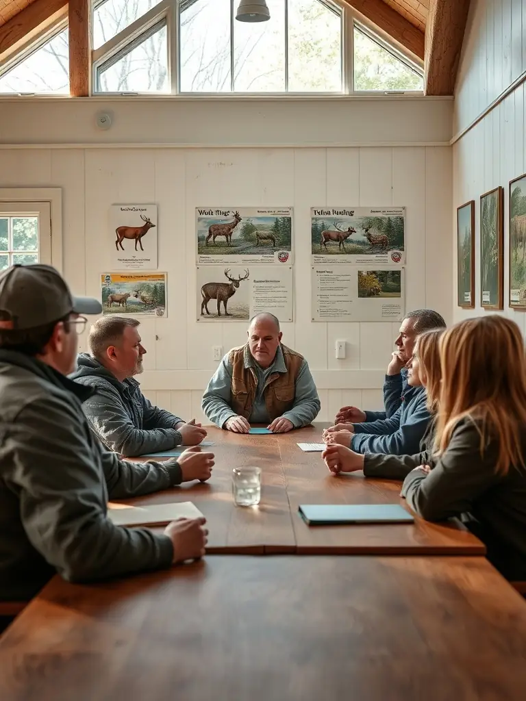 A photo of participants in an educational workshop learning about ethical hunting practices and wildlife conservation techniques from experienced instructors.