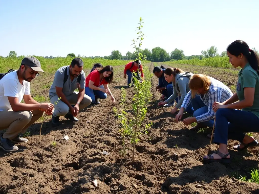 A group of volunteers planting trees in a deforested area, symbolizing habitat restoration efforts by ASSOCIATION COMMUNALE DE CHASSE AGREEE DE FRIDEFONT.