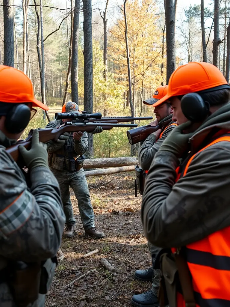 A photograph depicting a group of hunters participating in a wildlife census, carefully observing and recording data about the local animal populations in a serene, natural setting.