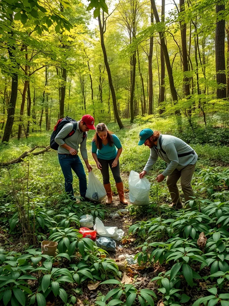 A photograph showcasing members of ASSOCIATION COMMUNALE DE CHASSE AGREEE DE FRIDEFONT cleaning up a local forest area, removing litter and debris. The image should highlight the organization's commitment to environmental stewardship and community involvement.