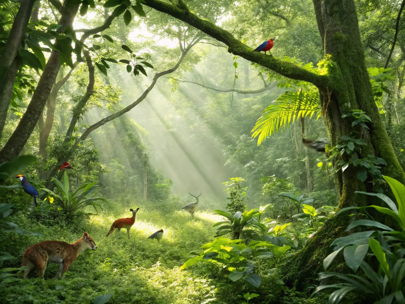 A scenic view of a lush forest with diverse wildlife, representing the habitat conservation efforts of ASSOCIATION COMMUNALE DE CHASSE AGREEE DE FRIDEFONT.