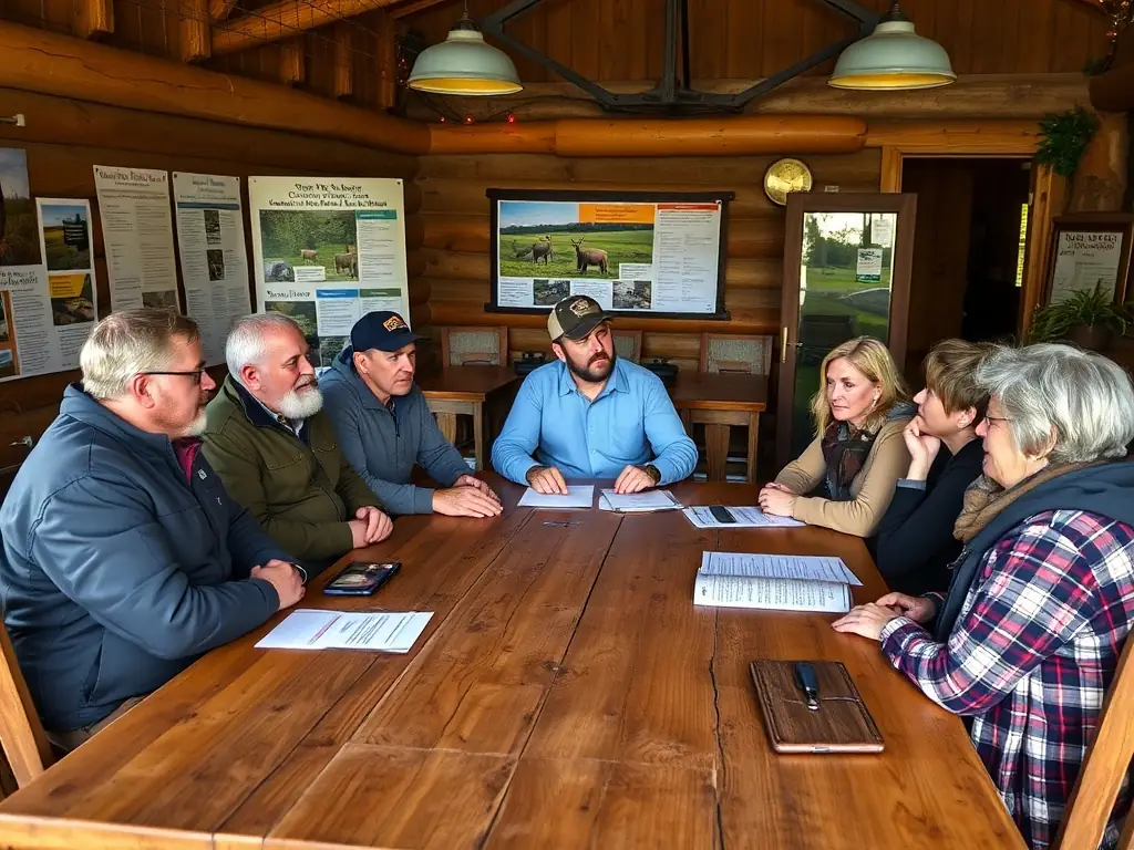 A group of people participating in an educational workshop on responsible hunting practices, organized by ASSOCIATION COMMUNALE DE CHASSE AGREEE DE FRIDEFONT.