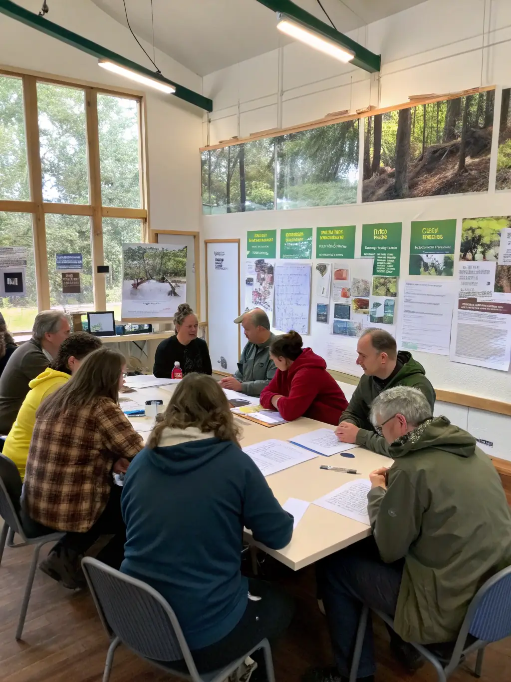 A photograph of a workshop organized by ASSOCIATION COMMUNALE DE CHASSE AGREEE DE FRIDEFONT, with participants learning about ethical hunting practices and wildlife conservation. The image should convey a sense of education and community engagement.